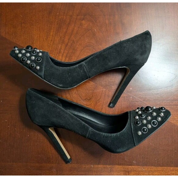 Karl Lagerfeld Paris Black Suede Stiletto Pearl Studded Heels Women Size 8.5 - Picture 8 of 10